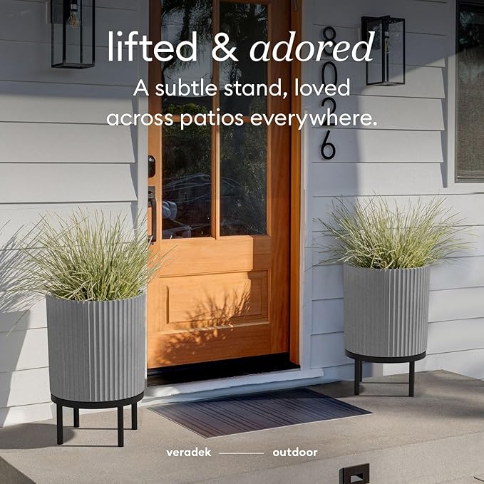 Veradek Demi Series Round Planter w/Stand for Porch/Patio | Durable Plastic-Stone Composite & Wooden Stand | Modern Décor for Tall Plants, Flowers