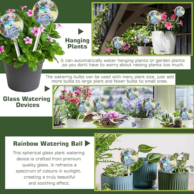 Self Watering Globes, Glass Rainbow Plant Watering Globes, Self Watering Planter Insert for Indoor & Outdoor Potted, Self Watering Planter Insert Spikes Devices for Everyday or Vacation Use, 4 Pack