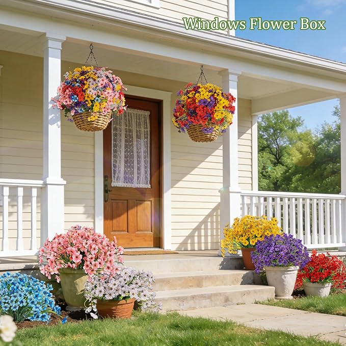 PADONISE 24 Bundles Artificial Flowers for Outdoor Indoor Decor, Fake Silk Flower Plastic Stems UV Resistant for Hanging Plants Spring Summer Bouquet Vase Porch Window Box Wedding Farmhouse Garden