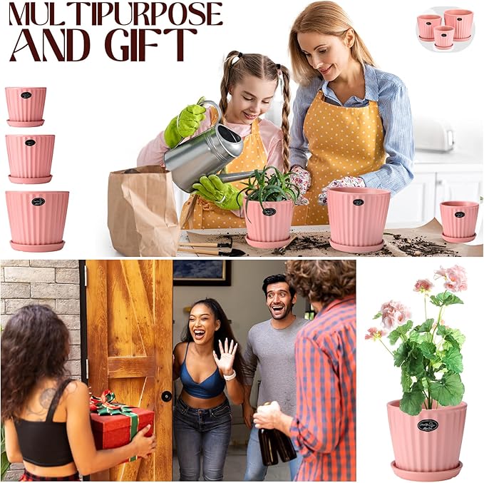 3 Pcs Ceramic Plant Pots 7.3/6/4.7 Inch Ceramic Flower Pot with Drainage Hole and Saucer Decorative Planter Indoor Outdoor for Gardening Home Desktop Office Windowsill Decoration Gift(Pink)