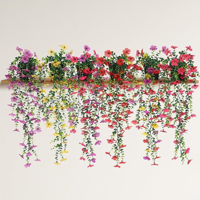 FAVOWREATH Fake Plants Hanging Artificial Potted Faux Eucalyptus Plants and Flowers for Modern Boho Farmhouse Bathroom Office Desk Wall Book Shelf Living Room Aesthetic Decor Indoor (Purple)