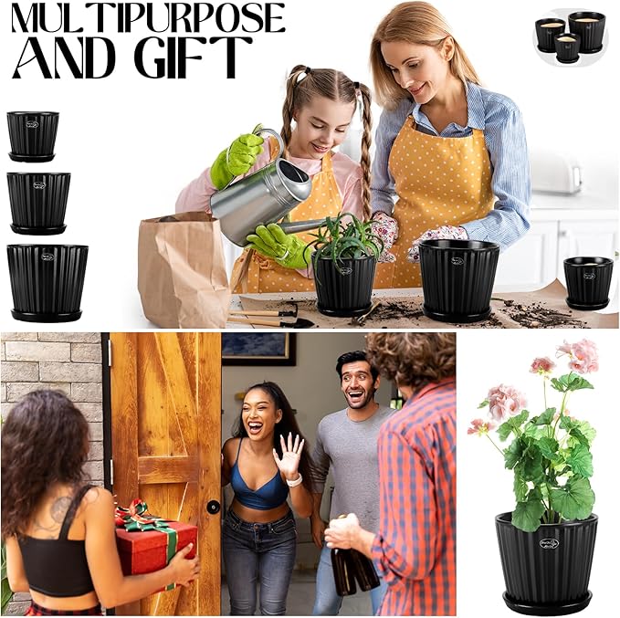3 Pcs Ceramic Plant Pots 7.3/6/4.7 Inch Ceramic Flower Pot with Drainage Hole and Saucer Decorative Planter Indoor Outdoor for Gardening Home Desktop Office Windowsill Decoration Gift(Black)