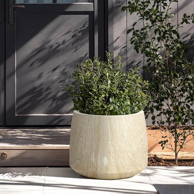 LuxenHome Round Tapered Planters, Set of 2 Outdoor Indoor Plant Pots with Drainage Hole, Decorative Lightweight Flower Pots, Rustic Wood Grain Texture Concrete Planter Pots for Home Garden Patio