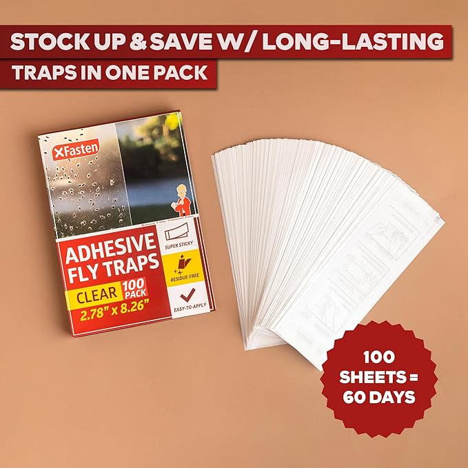 XFasten Window Fly Traps Sticky Clear 100-Pack Fruit Fly Traps for Indoors Sticky, Residue-Free, Odorless, Discreet Adhesive Indoor Catcher for Fruit Flies Houseflies, Gnats on Windows Kitchen Garage