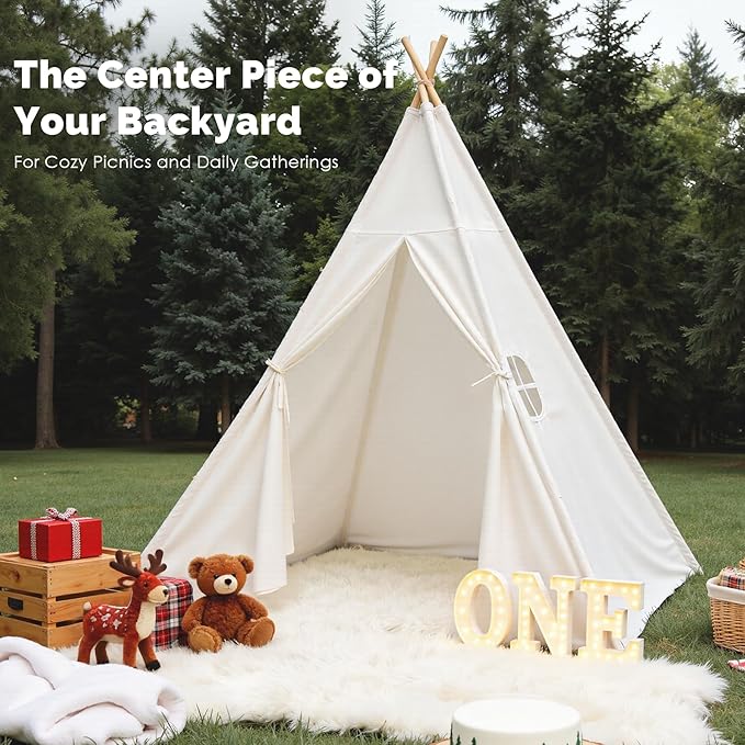 Sumbababy Teepee Tent for Kids, Cotton Canvas Indoor Play Tent, Foldable Toddler Sleepover Tents for Girls & Boys Slumber Party, Washable Gift Set with Star Lights, Banner & Carry Bag