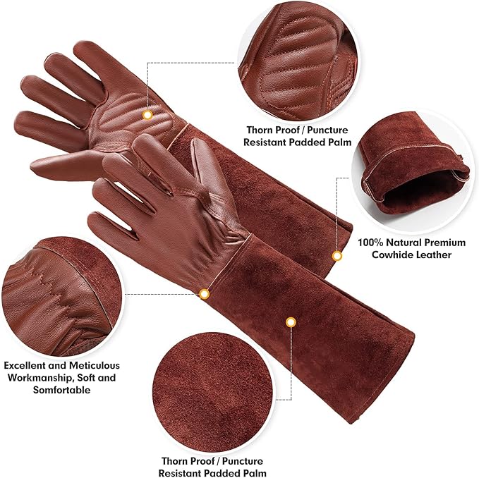 Thorn Proof Gardening Gloves for Men & Women, Long Cowhide Leather Rose Pruning Gloves with Forearm Protection, Puncture Resistant Gauntlets for Cacti, Blackberries & Yard Work(chocolate brown,Large)