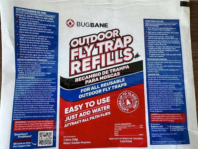 Fly Trap Outdoor Fly Traps for Patio with 2 Non-Toxic Dissolvable Bait Refills. Reusable Hanging Bug Catcher Killer for All Filth Flies for Outside Bug Control Yard Ranch. Hanging Chains Included.