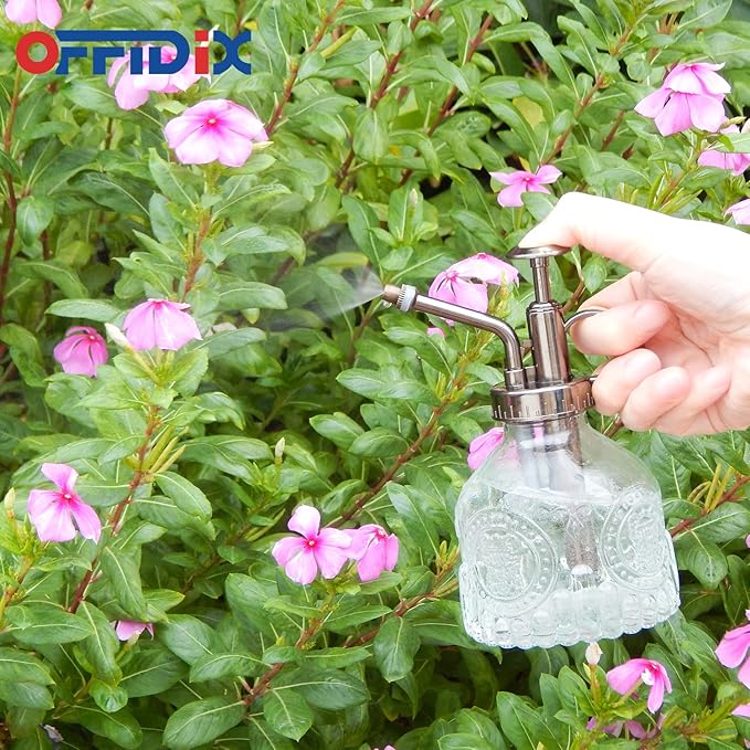 OFFIDIX Plant Mister Glass Spray Bottle, 6.3"Tall Vintage Plant Spritzer Watering Can, Succulent Watering Bottle with Plastic Bronze Plastic Top Pump, Can for Outdoor Indoor Garden, Cleaning Solutions