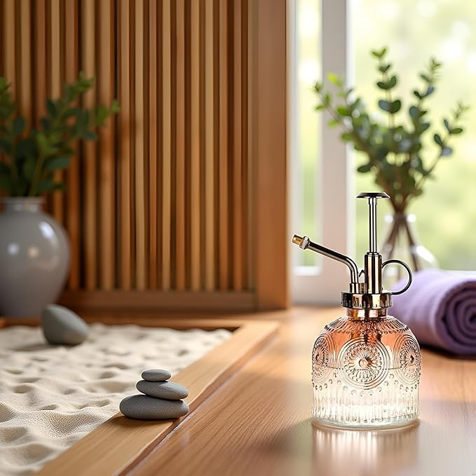 Glass Plant Mister Spray Bottle, 230ML Vintage Plant Spritzer, Succulent Watering Bottle Glass with Top Pump, Small Plants Sprayer Watering Can for Indoor Outdoor House(Brown White)