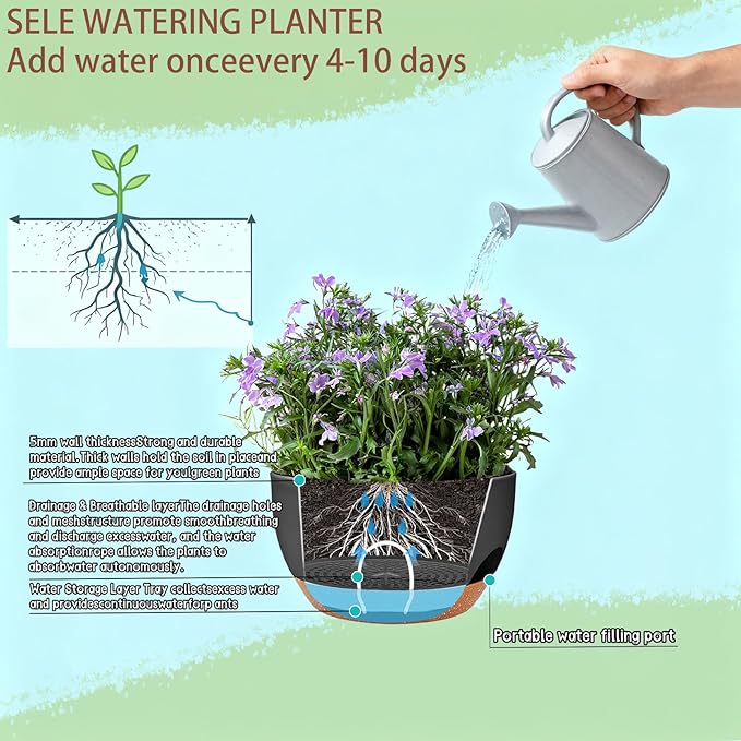 Set of 4-8 Inch Self Watering Hanging Planters for Indoor Outdoor,Hanging Plant Pots with Drainage & Removable Tray, Hanging Pots Holder for Ivy, Pothos, Ferns, Balcony & Patio, Black Brown