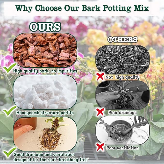 Orchid Potting Mix, 2 Quarts Orchid Bark Potting Mix with Pine Bark, Coco Peat & Perlite, Orchid Bark for Indoor Plants, Orchid Soil with Excellent Water Retention & Ventilation