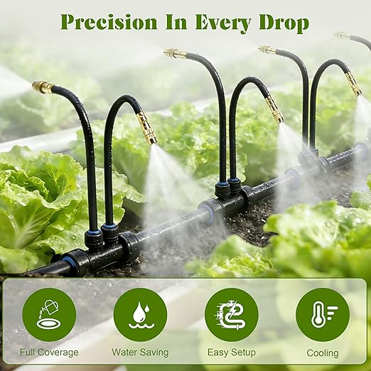 Drip Irrigation System for Garden, Automatic Watering System with Adjustable 360° Copper Spray Nozzles, DIY Drip Irrigation Kit for Yard, Lawn, Greenhouse, Raised Beds & Potted Plants (66FT)