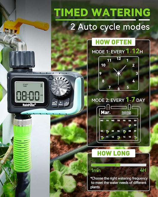 RAINPOINT Sprinkler Timer, Programmable Water Timer for Garden Hose, Outdoor Soaker Hose Timed with Rain Delay/Manual/Automatic Watering System, Digital Irrigation for Yard, Lawn, 1 Outlet
