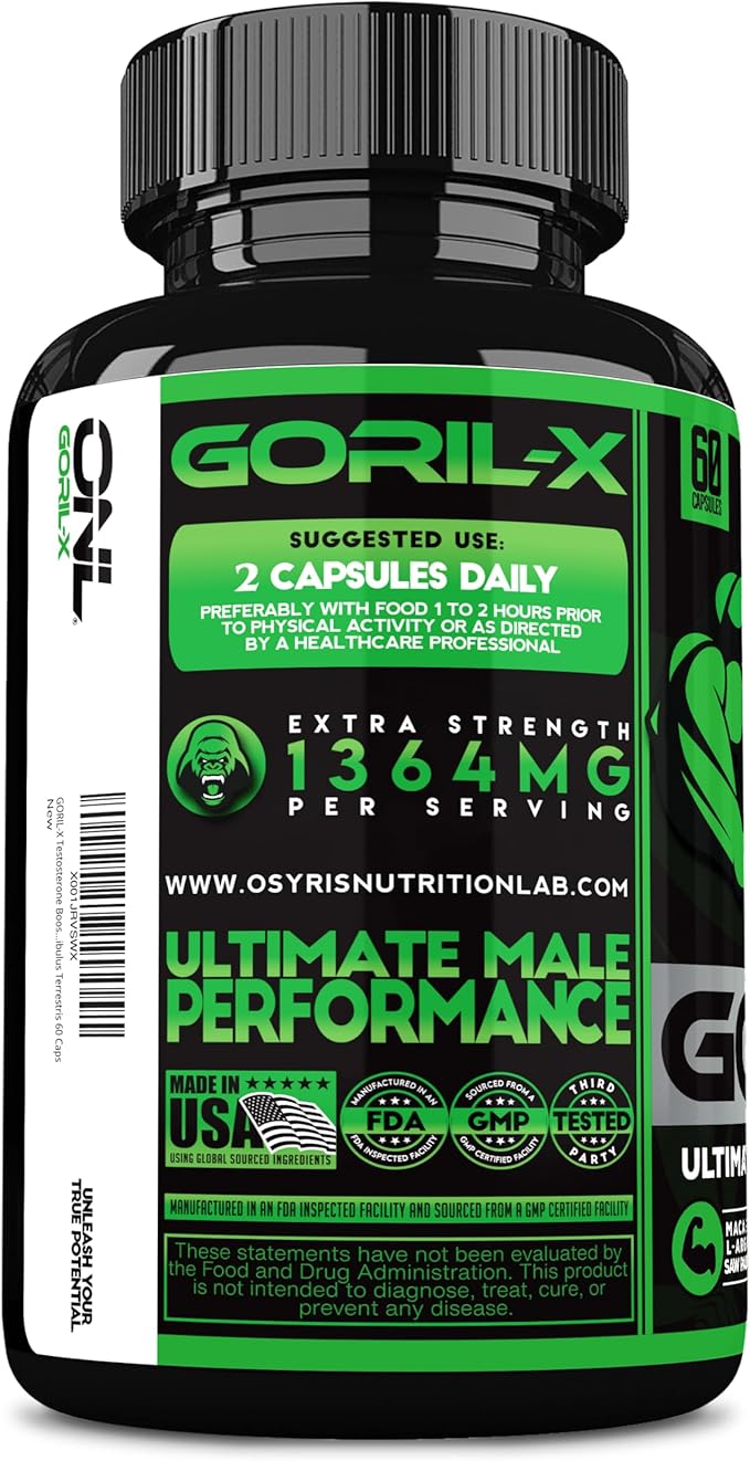 GORIL-X Testosterone Booster for Men - Workout Testosterone Supplements - Increase Size, Strength & Energy - 1000mg Male Enhancing Horny Goat Weed, Maca Root, Tongkat Ali & Tribulus Formula - 60 Caps