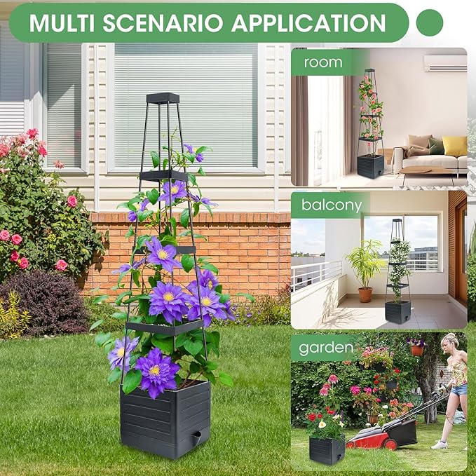 MQUPIN Tomato Planter Box with Trellis for Garden, 57 Inch Self-Watering Raised Garden Bed, Patio Tomato Cage for Climbing Vegetables & Flowers, Upgraded Tomato Pot for Indoor Outdoor Use(1 Pack)