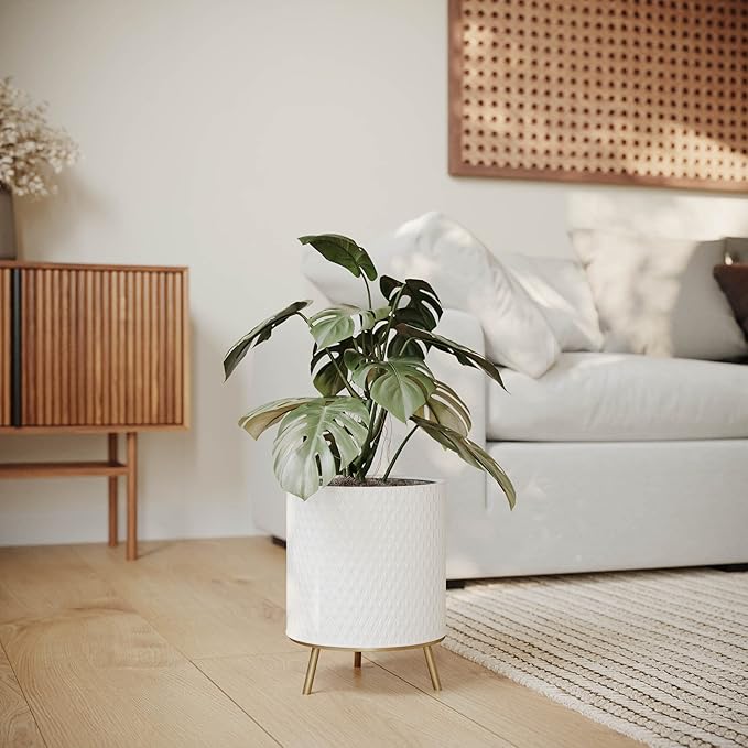 EverNest Claire Honeycomb Neutral Modern White Planter with Nyra Stand, Indoor Plant Pots, SelectBase, Mid-Century Modern, Boho Style Home Decor for Plants (Set of 3, Gold)