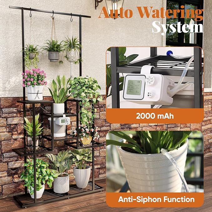 4 Tier Plant Stand with Automatic Drip Watering System, Indoor Outdoor Metal Plant Shelf with Hanging Rod, Holds 12 Pots, Space Saving Plant Display & Organizer