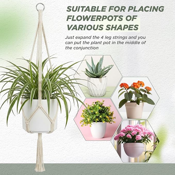 EBOOT 2 Pack 48 Inch Large Macrame Plant Hanger Rope to Hang Flower Pot Plant Holder for Indoor Outdoor Decorations, 4 Legs (Creamy White)