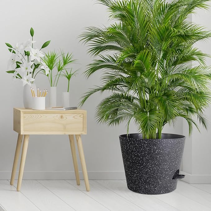 Meowell 12 inch Large Self Watering Pots, Plant Pots with Mesh Drainage Holes for Indoor Outdoor Plants, Plastic Planters with Deep Reservoir for Garden House Flower Plants, Speckled Black