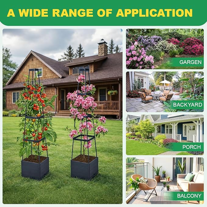 2 Pack Raised Garden Bed, Tomato Cages for Garden, Garden Bed, Tomato Cage, Planter Box with Trellis, 57" Self-Watering Tomato Planter for Climbing Plants Vegetables Flowers Outdoor Indoor