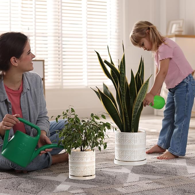Ceramic Plant Pots Indoor-Outdoor: 8 Inch Embossed Planters with Drainage Hole & Saucer - Modern Decorative Flower Pots for Home Garden Patio Office Decor