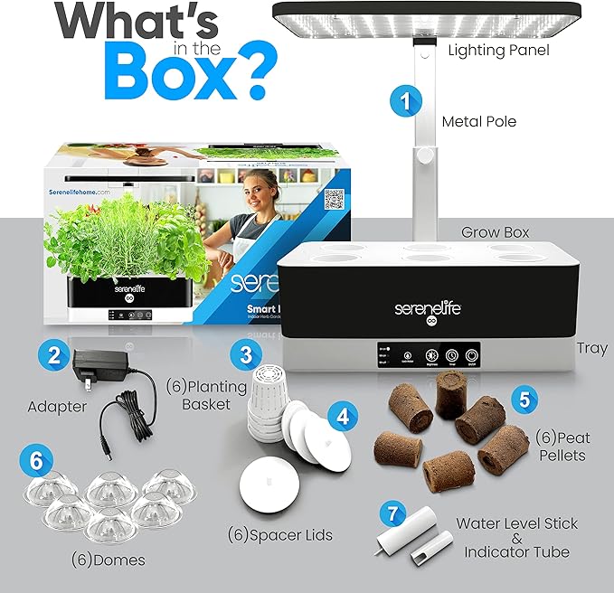 SereneLife Hydroponic Herb Garden - 6 Pod Indoor Kit, Full-Spectrum Grow Light, Adjustable Height, Smart Plant System, Black