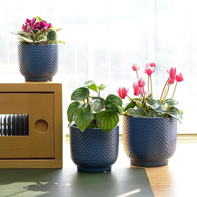 4 + 5 + 6 Inch Ceramic Pots for Indoor Plants, Succulents Plant Pots, Orchid Flower Pot with Drainage Hole, Modern Clay Stoneware Planters, Set of 3 (Dusty Blue, 4+5+6 Inch)