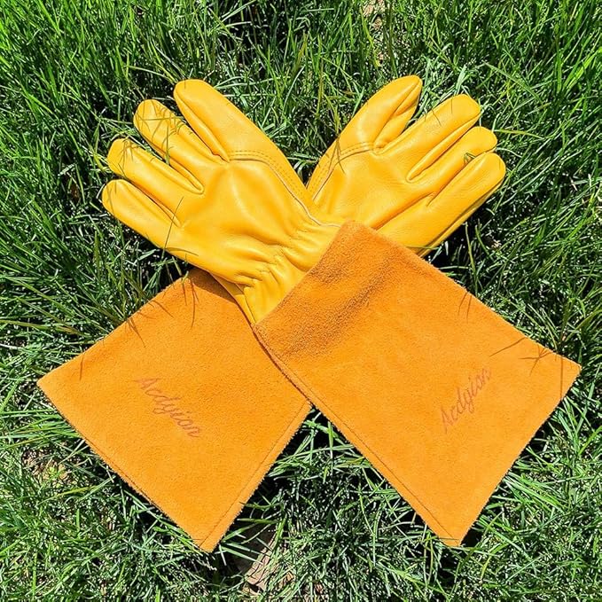 Acdyion Thorn Proof Gardening Gloves for Men & Women, Long Cowhide Leather Rose Pruning Gloves with Forearm Protection, Puncture Resistant Gauntlets for Cacti, Blackberries & Yard Work(yellow,X-small)