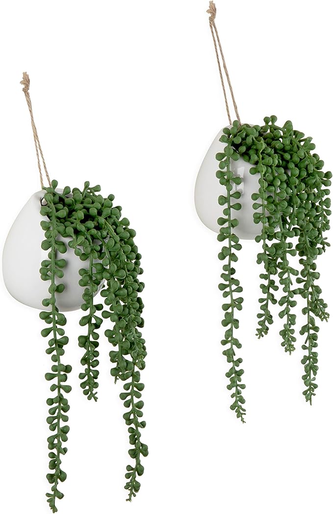MyGift Artificial Faux String of Pearls Plants in White Ceramic Wall Hanging Planter Pot with Jute Rope, Set of 3