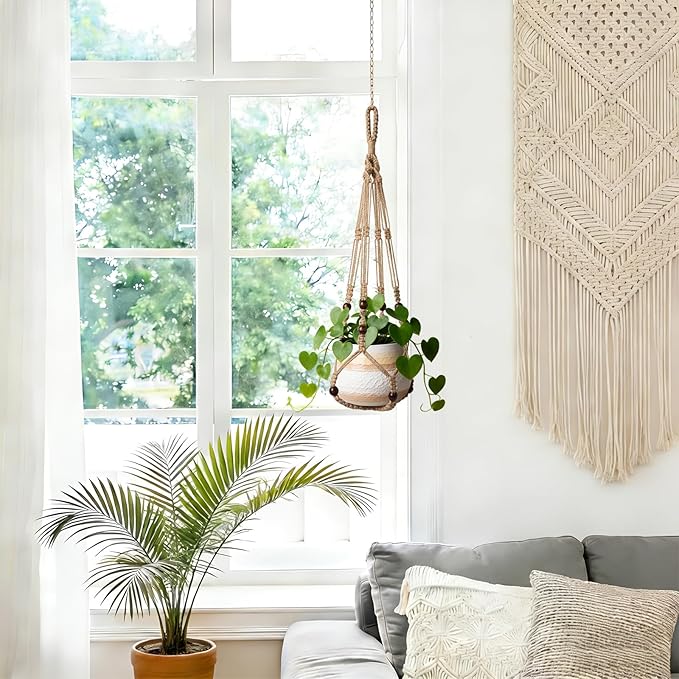 LEWESU 3 Pack Jute Macrame Plant Hanger Indoor 3 Different Sizes Hanging Planter Basket Flower Pot Holder with Wood Beads & No Tassels for Boho Home Decor, 23, 30, 35 Inch, Brown (Pot Not Included)