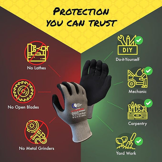 Quest Protective Apparel Cut Resistant Work Gloves (ANSI A1) – Lightweight Graphene Gloves for Gardening, DIY, Mechanical & General Handling – Breathable Grip Gloves for Men & Women – Large, Pack of 3