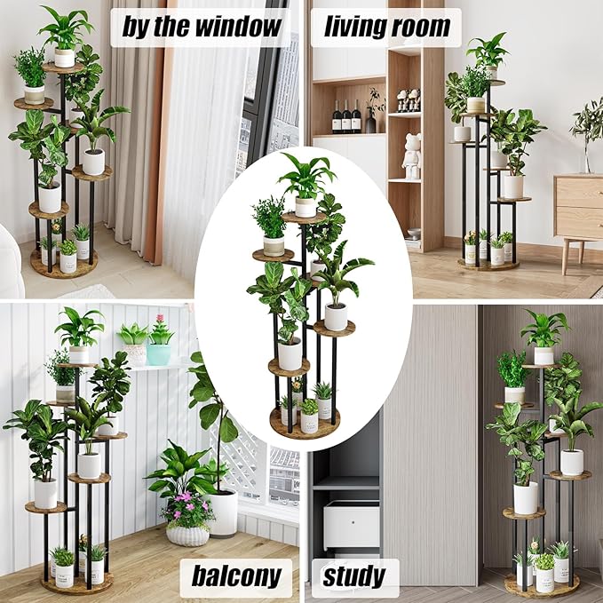 INGIORDAR Plant Stand Indoor Outdoor Corner Flower Stands Multiple Flower Pot Holder for Patio Garden Balcony Living Room 6 Tier Black+Rustic Brown