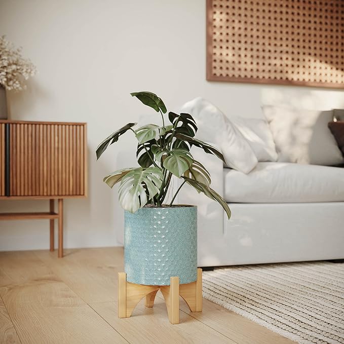 EverNest Mid-Century Modern Rhys Honeycomb Embossed Planter Pot with Arch Wood Stand, Metal Indoor Plant Pots, Blue Green Bohemian Style (Medium 2 Gallon)