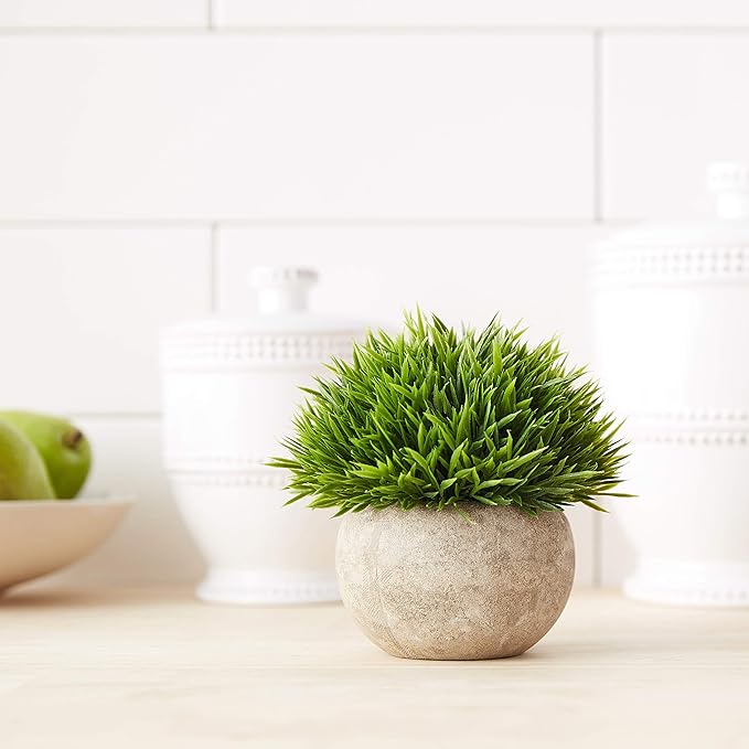 Ogrmar Mini Plastic Artificial Plants Grass in Pot/Small Artificial Faux Greenery/Mini Plants Topiary Shrubs for Bathroom, House Decorations (Green Grass)