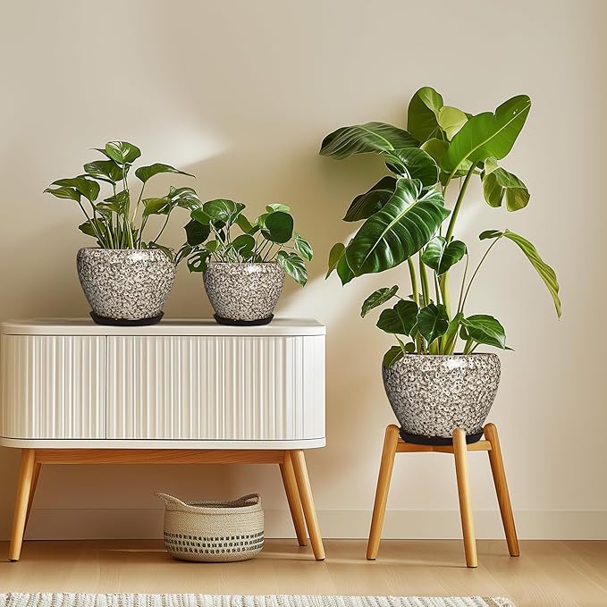 Ceramic Plant Pots - 8 Inch Planters for Indoor Outdoor Plants, Decorative Pots for Plants with Drainage Hole and Saucer, Modern Flower Pot, Room Decor, Plant Lover Gifts, White Leopard