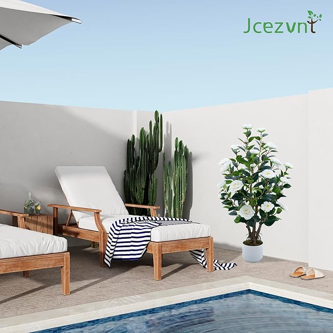 2 Pack Artificial Camellia Tree with White Pot, 38" Faux Potted Plants for Indoor Outdoor Decor, Tall Silk Greenery Plant for Home Offce Living Room Balcony, White