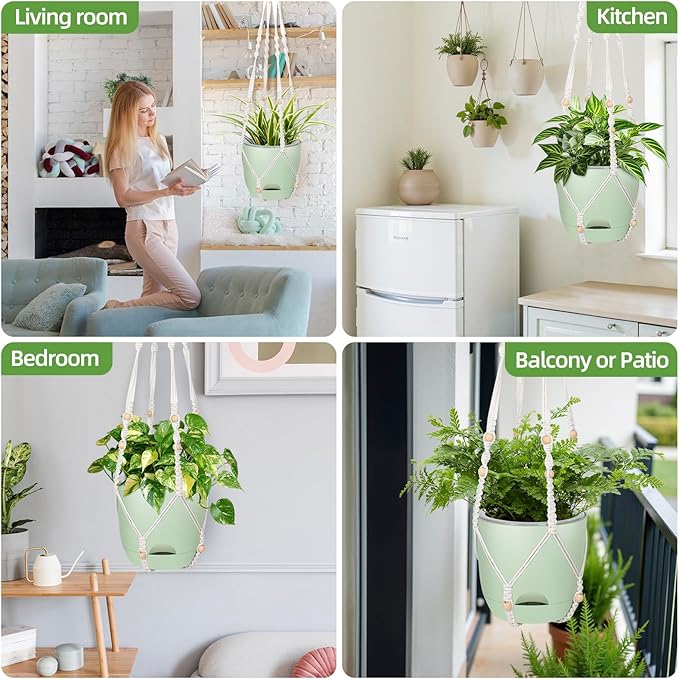 2-Pack 7..1-Inch Self-Watering Hanging Planters for Indoor & Outdoor Plants,34Inch Macrame Hanger Plant Pots Indoor with Drainage,Small Hanging Planters & Baskets,With Two Sets of Hooks(Pure green)