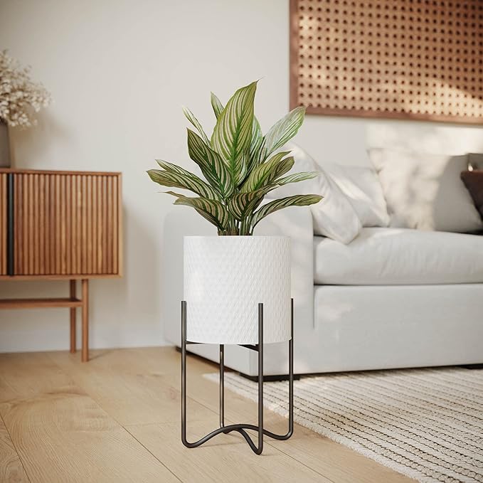 EverNest Claire Mid-Century Modern White Plant Pot with Ambrose Stand, SelectBase, Indoor Plant Pot, Bohemian Style, Minimalist Plant Home Décor (Small, Black)