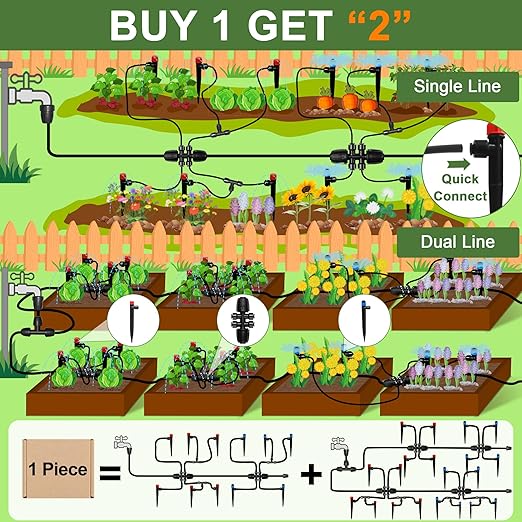 230FT Automatic Watering System for Outdoor Plants, Quick-Connect Garden Drip Irrigation Kits with 1/2" & 1/4", Adjustable Nozzles & Sprinklers for Greenhouse, Raised Bed, Lawn, Potted Plants