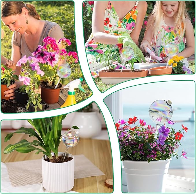 Plant Watering Globes Self Watering Planter - Indoor Outdoor Automatic Slow Release Watering Bulbs Iridescent Rainbow Glass Water Bulb for Houseplants 2 Pack