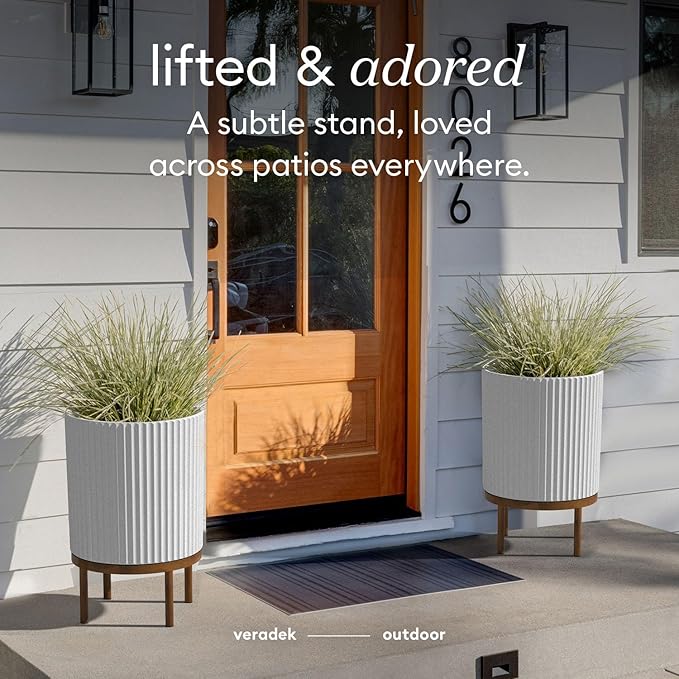 Veradek Demi Series Round Planter w/ Stand for Porch/Patio | Durable Plastic-Concrete & Wooden Stand | Modern Décor for Tall Plants, Flowers