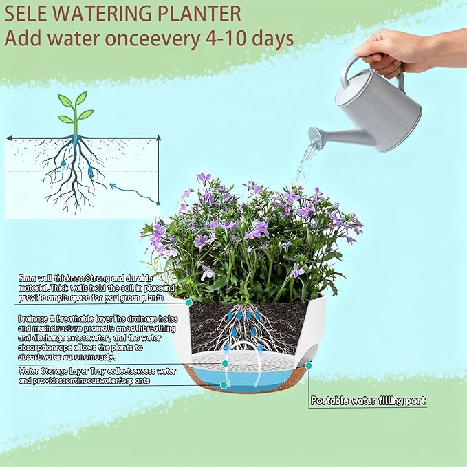 Set of 4-8 Inch Self Watering Hanging Planters for Indoor Outdoor,Hanging Plant Pots with Drainage & Removable Tray, Hanging Pots Holder for Ivy, Pothos, Ferns, Balcony & Patio, White Brown