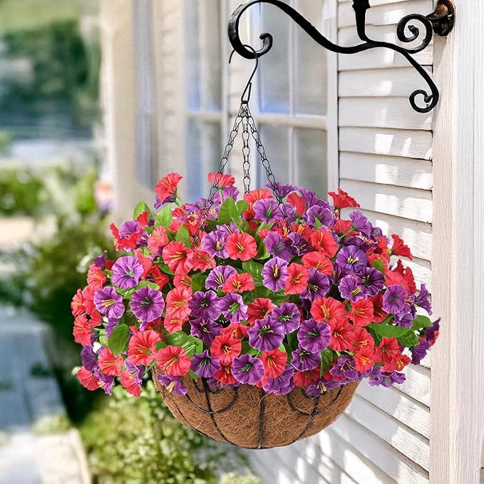 Homsunny Artificial Fake Hanging Flowers with Basket for Outdoors, Faux Silk Petunias Flower Spring Summer Decor UV Resistant Look Real Outside Patio Front Porch Decorations