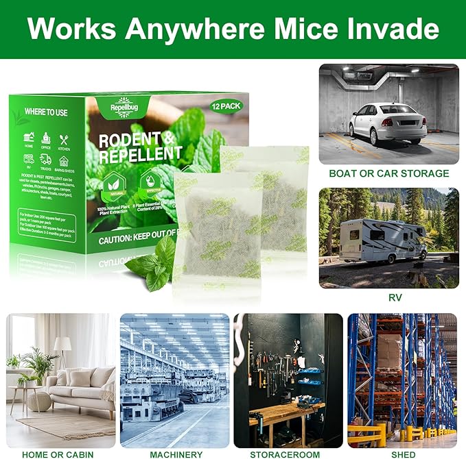 Pest Control Pouches, 12 Pack Peppermint Oil for Mice Rodent Rats Squirrel Pests Repellent Indoor Outdoor Use, Rodent Mouse Rat Deterrent Family Pet Safe Ideal for House Garage Warehouse