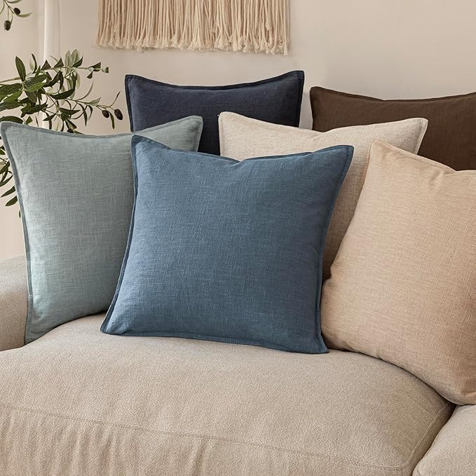 Foindtower Set of 2, Decorative Linen Soild Throw Pillow Covers Soft Accent Euro Cushion Case Boho Farmhouse Neutral Pillowcase for Couch Sofa Bedroom Living Room Home Decor 24 x 24 Inch Misty Blue