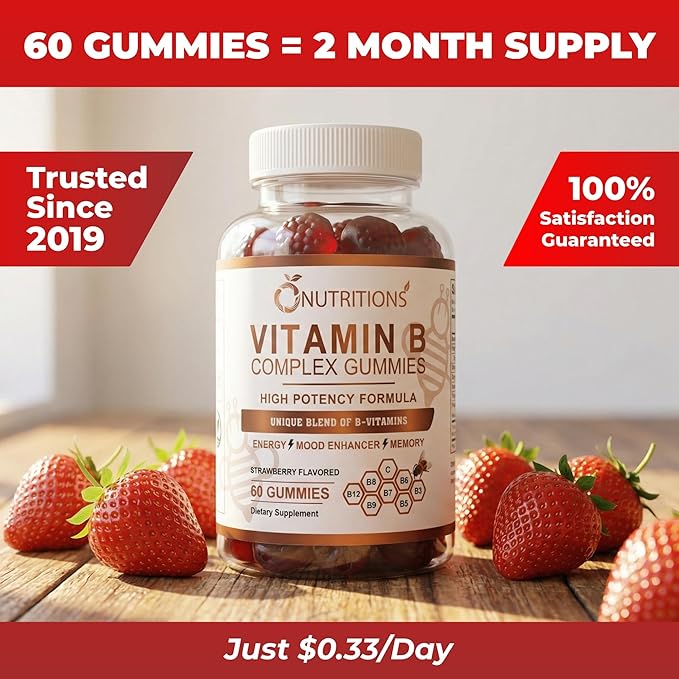 O NUTRITIONS Vitamin B Complex Gummies for Women & Men – High Potency B12 (833% DV) & Biotin – Energy, Mood & Metabolism Support – Vegan Strawberry Gummy Vitamins – 60 Gummies, 2-Month Supply