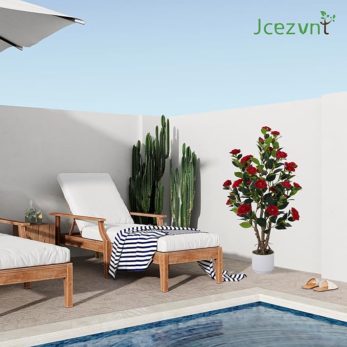 2 Pack Artificial Camellia Tree with White Pot, 38" Faux Potted Plants for Indoor Outdoor Decor, Tall Silk Greenery Plant for Home Offce Living Room Balcony,White, Red