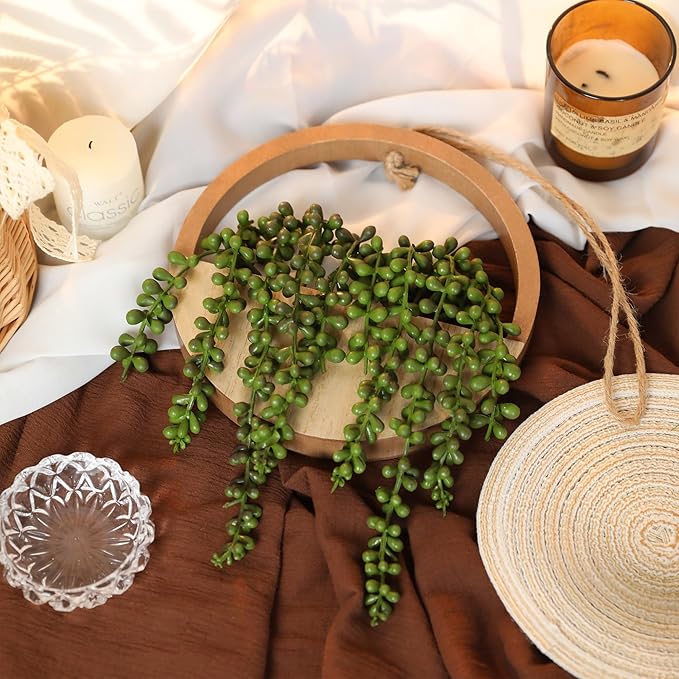 Floweroyal 2pcs Artificial Succulents Hanging Plants 12.2'' Fake String of Pearls in Pot with 8.3'' Lanyard for Indoor Outdoor Wall Decor(Wood Color).