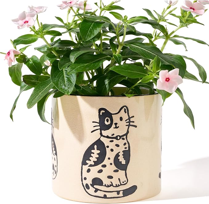STHIE 5 Inch Ceramic Plant Pots with Drainage Holes, Small Round Flower Pots for Indoor Plant, Unique Animal Flower Planters (Cat)