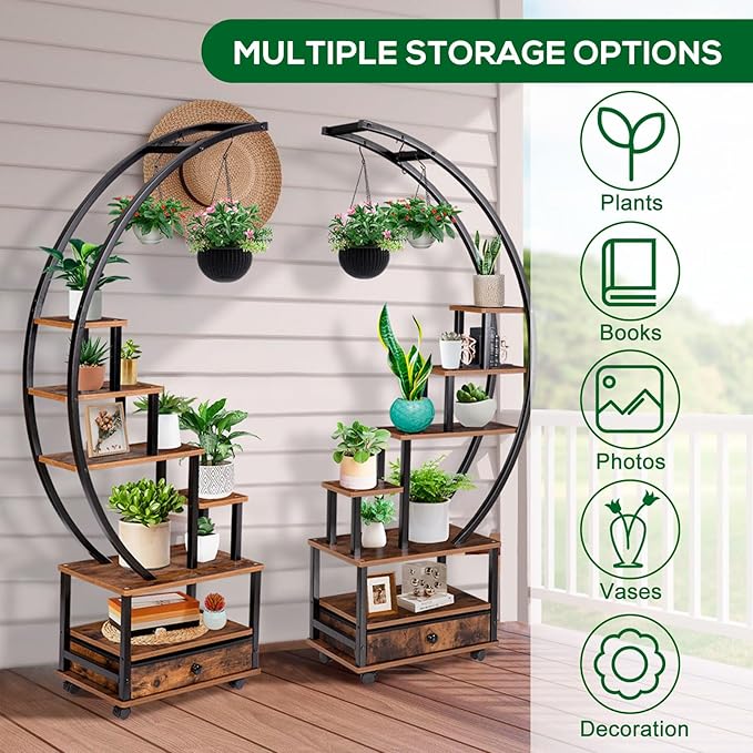 7-Tier Half Moon Indoor Plant Stand with Lockable Wheels, 71” Tall Plant Shelf with Drawer & Accessories, Plant Holder Display Rack for Multi-plants, Large Plant Rack for Patio Balcony Living Room (Half Moon)
